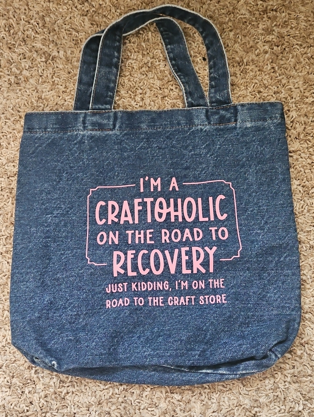 Craftaholic Graphic Denim Tote Bag in Dark Blue with Pink Text